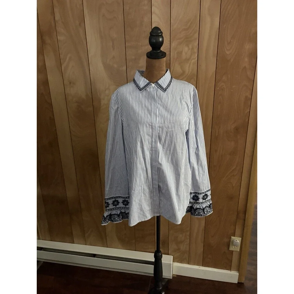 Tory Burch Blue White Pinstripe Cotton Paige Top Bell Sleeves Size 12 NWT